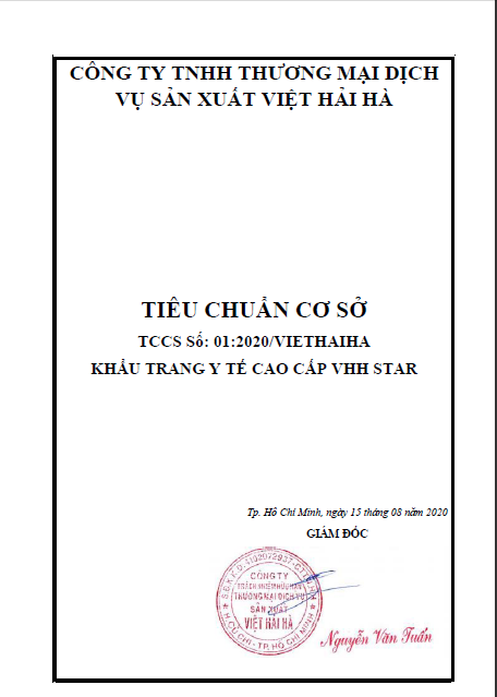 Chứng nhận sản phẩm - Khẩu Trang Y Tế VHHStar - Công Ty TNHH TM DV SX Việt Hải Hà